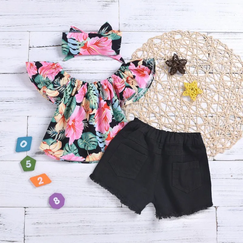 Children Summer Baby Girls Clothes Set Casual Floral Pattern Off Shoulder Sleeve Tops Blouse+Shorts+Headband Suits Costume | Детская