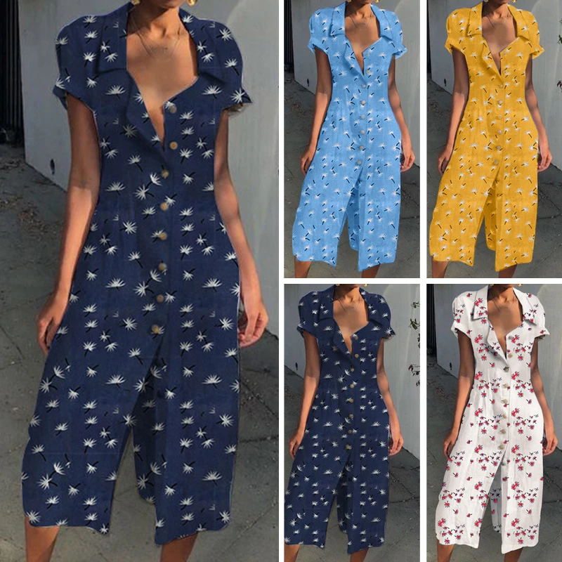 Женский комбинезон с разрезом спереди, женская одежда, летние, Boho, с принтом, короткий рукав, отложной воротник, вечерние, до середины икры, пляжный, женский комбинезон