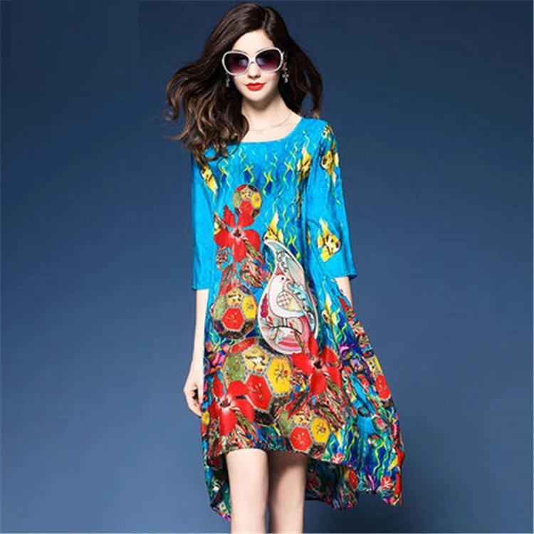 

National Floral Print Loose Casual Dresses Female Three Quarter Sleeve Spring Summer Elegant Irregular Dress Woman Plus Size 2XL