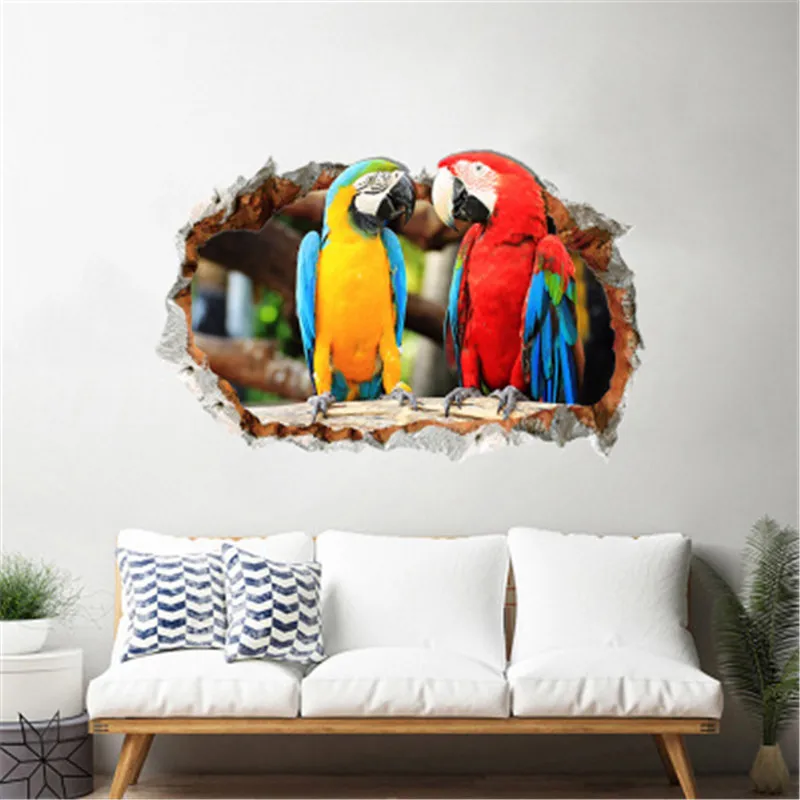 3d Hole View Vivid Parrot Wall Stickers On The Wall Home Decor 3D