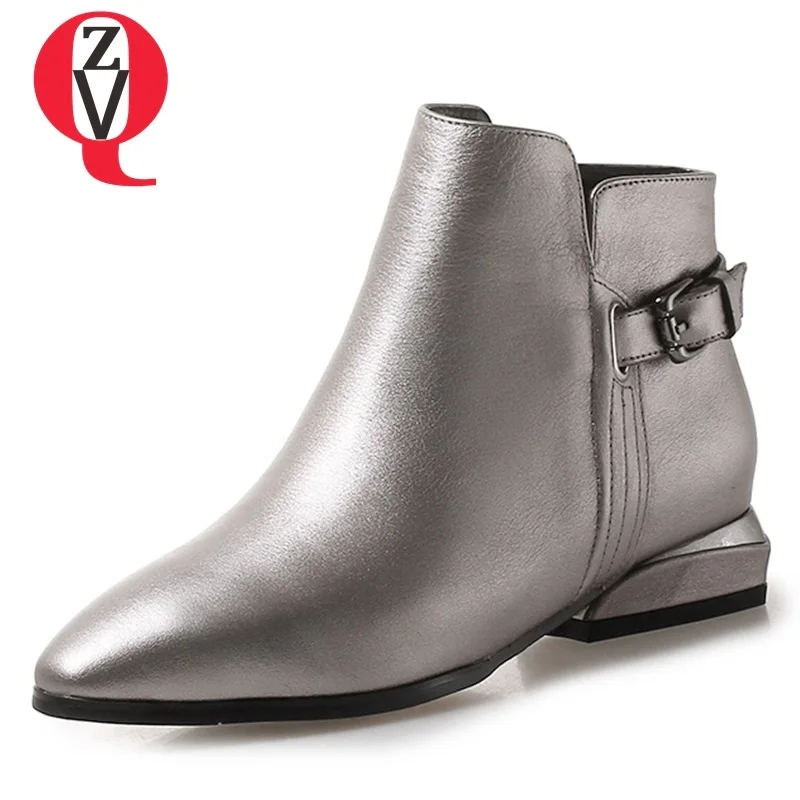 

ZVQ women sheos 2018 newest concise casual low hoof heels genuine leather pointed toe zip black and silver outside ankle boots