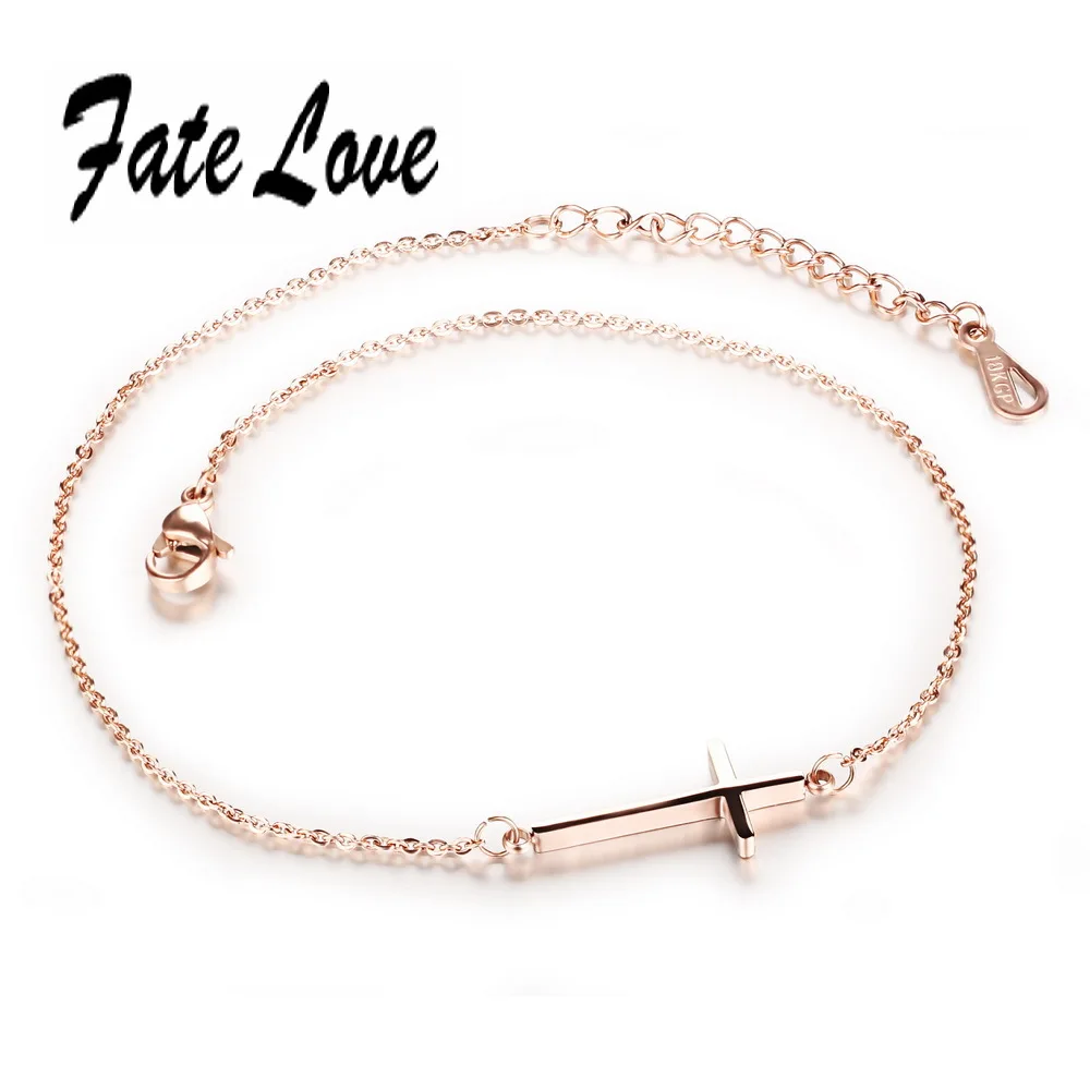 

Fate Love Fashion Chain Link Beach Anklets Rose Gold Color Stainless Steel Cross Anklet Bracelet Foot Jewelry Woman Gift FL010