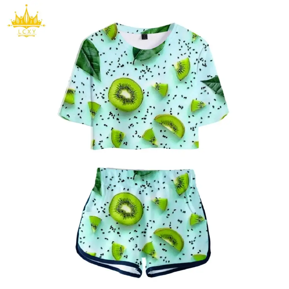 

3D Kiwifruit Fruit Women Tshirt Shorts Suit Summer Pajamas Women's T shirt 2 Piece Set Kpop Sexy Crop Top Shorts Free Shipping
