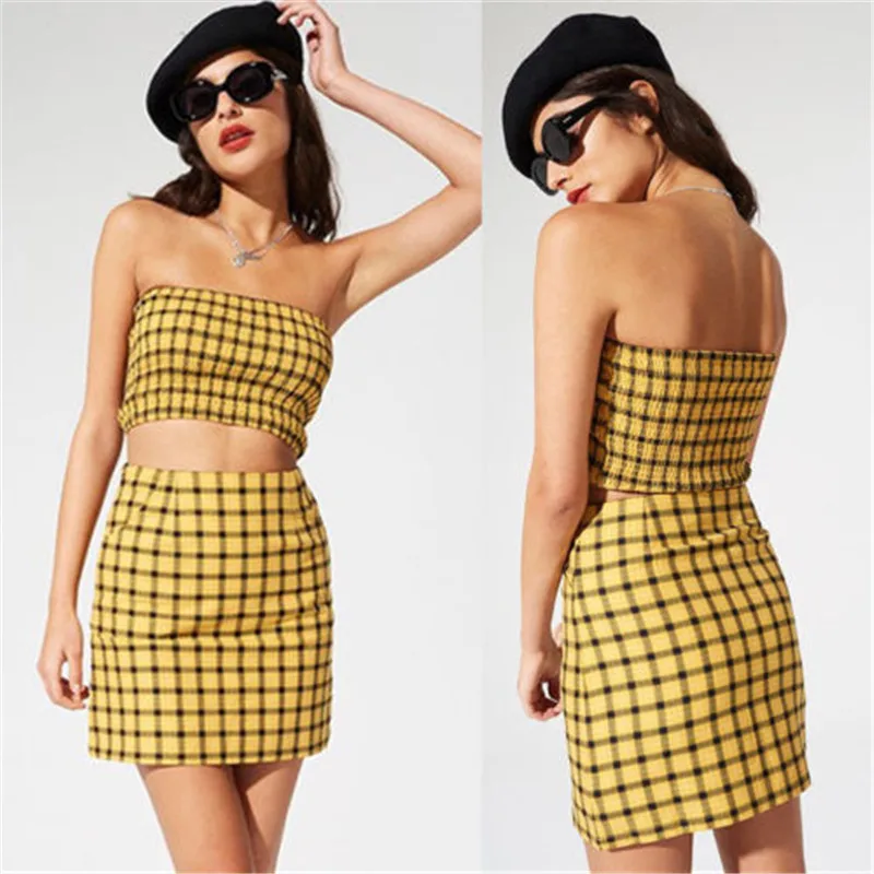 

2018 arrival Women Off-shoulder Bodycon Strappy Crop Top Mini Skirt Plaid Print Bodycon Party High Waist Skirt Set 2 piece