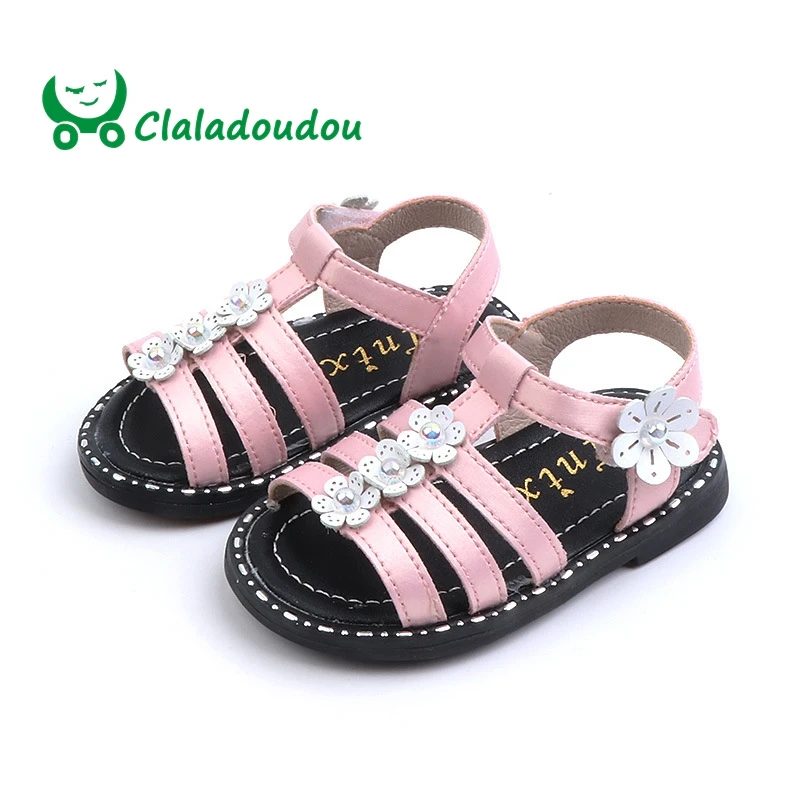 

Claladoudou 12-14CM Brand Strap Flower Princess Girls Sandals For 0-2Y Pink Beige Rivets Fashion Baby Sandals Soft Rubber Shoes