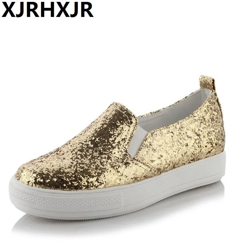 

2019 Shoes Women Platform Loafers Silver Sequined Cloth Slip on Flat Shoes Spring Autumn Woman Creepers Glitter zapatos mujer