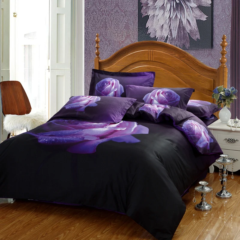 3d Flower Rose Dark Purple Bedding Set High Quality Cotton Floral