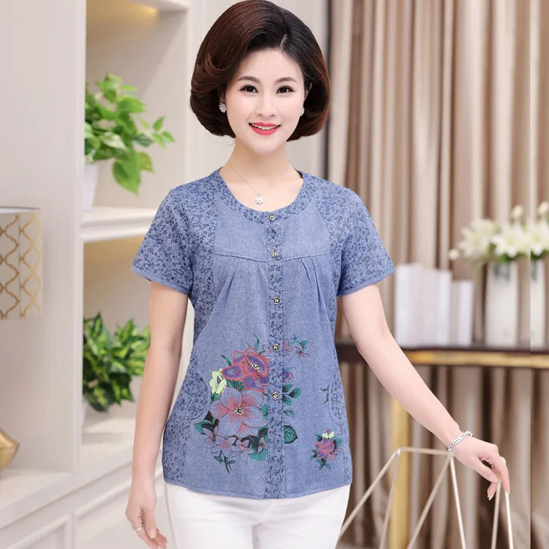 

women vintage shirt 2019 summer new cotton linen blouses casual short sleeve round collar top women button leopard floral shirts