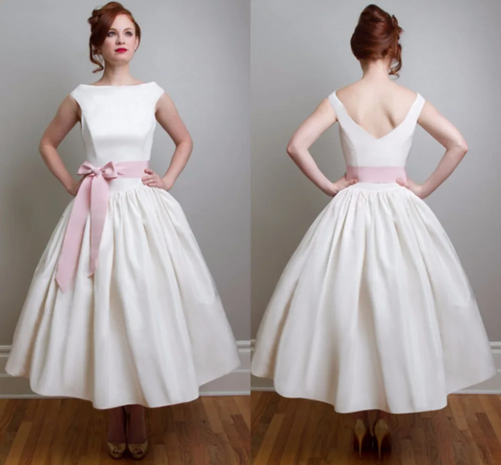 Vintage 1950 S Style Tea Length Wedding Dresses With Pink Ribbon
