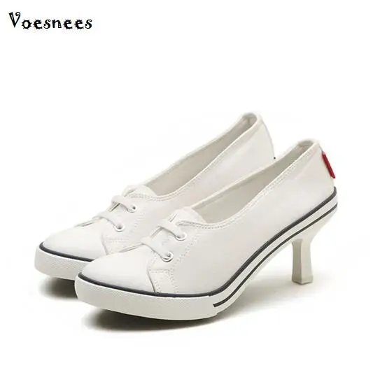 

Pumps Shoes Women Europe America Style Women Spring Autumn Thin High Heel Lace Up Fashion Casual Denim Canvas Sigle Student Shoe
