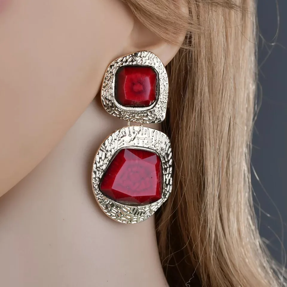 Europeans and Americans exaggerate artificial gemstone gold earrings, women retro autumn earrings, Bohemian wind (16)