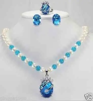 

shipping Charming! 7-8mm White Cultured Pearl & Blue jade Necklace Earring Ring hot