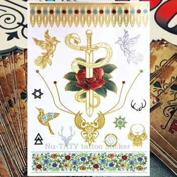 

Nu-TATY 25 style Temporary Tattoo Body Art, Gold Skull sword Designs, Flash Tattoo Sticker Waterproof 21*15cm