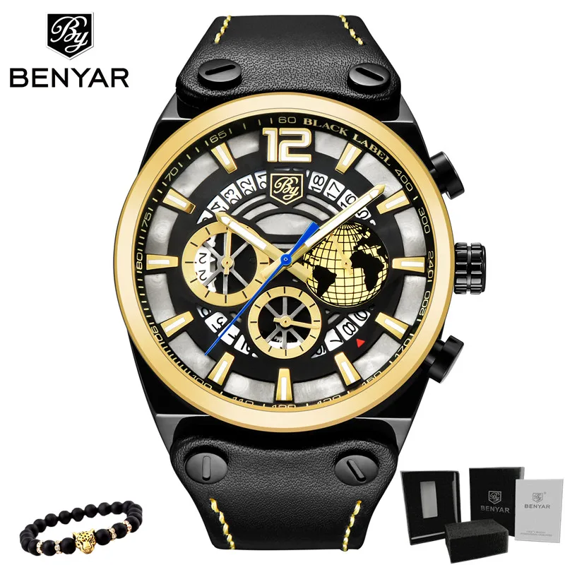 

2018 NEW BENYAR Casual Fashion Chronograph Men's Watch Top Brand Luxury Leather Quartz Military Watch Clock Relogio Masculino