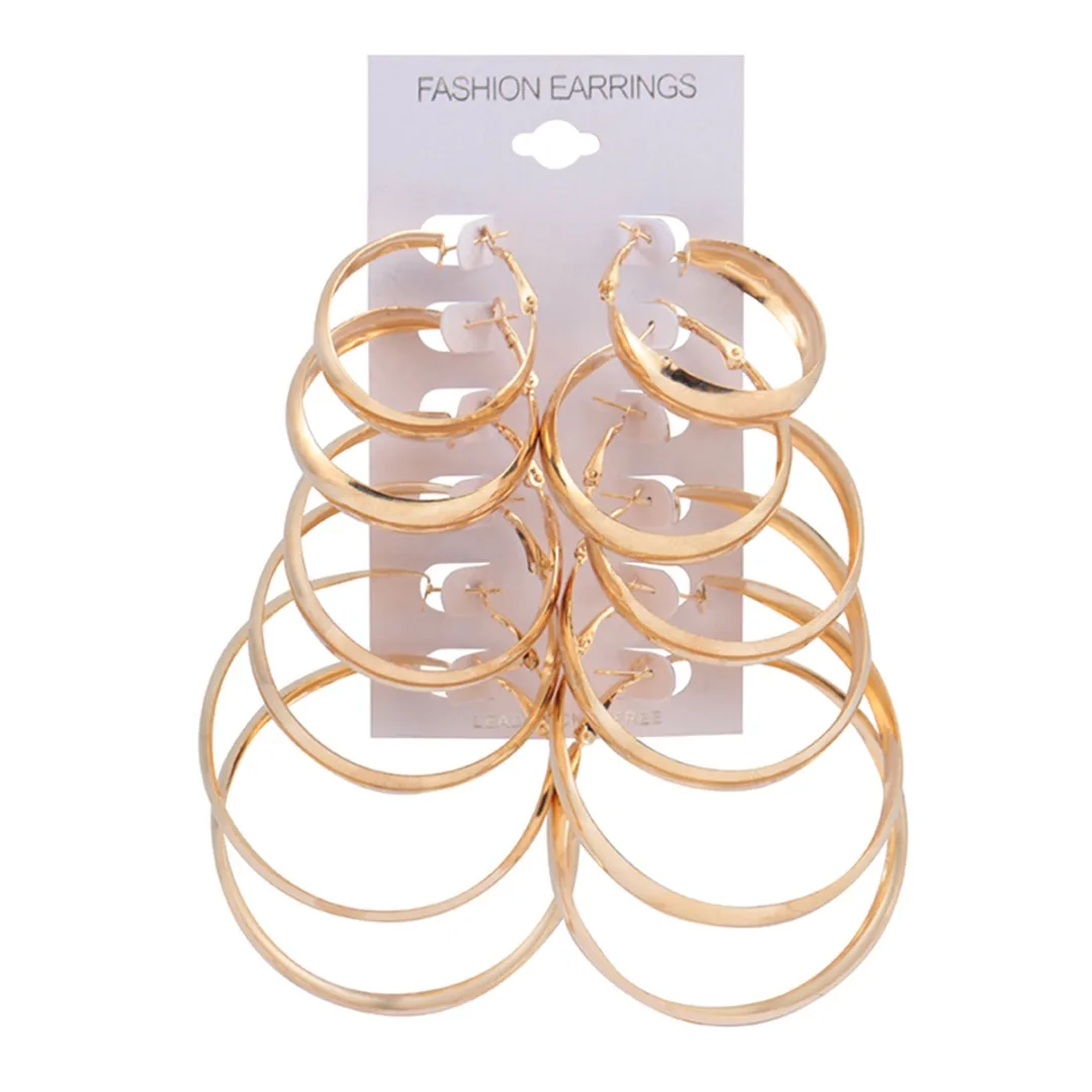 New 6 Pairs/set Vintage Dangle Big Circle Hoop Earrings Gold Silver Women Steampunk Ear Clip Shellhard Punk Ear Set Jewelry