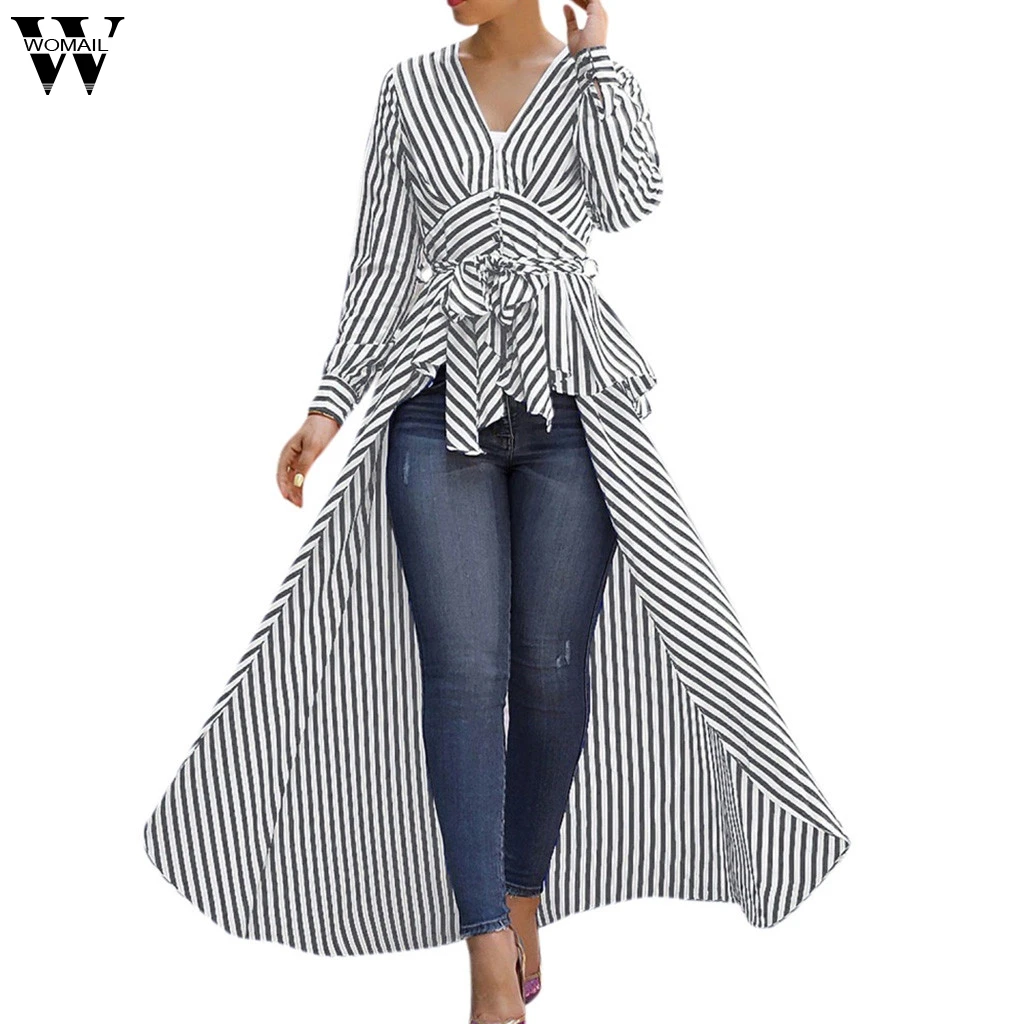 

Womail2019 Fashion Plus Size tshirt women Girls elegance Harajuku Ladies sexy Irregular Stripe Bow Tie Long Sleeve Long T shirt