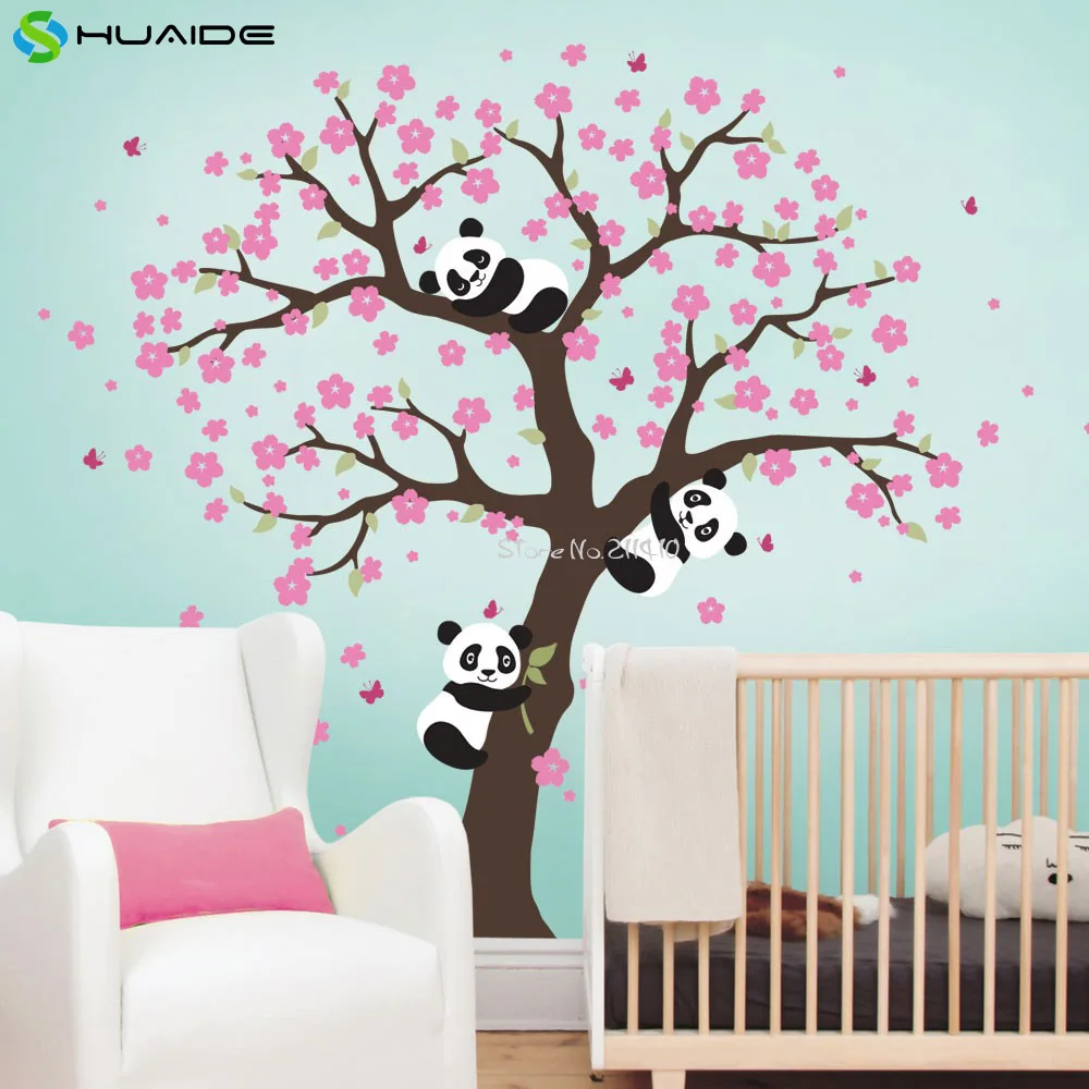 

Cute Panda and Cherry Blossom Tree Wall Decal For Nursery Large Tree Wall Stickers For Kids Room Girl Boy Room Wall Tattoo A400