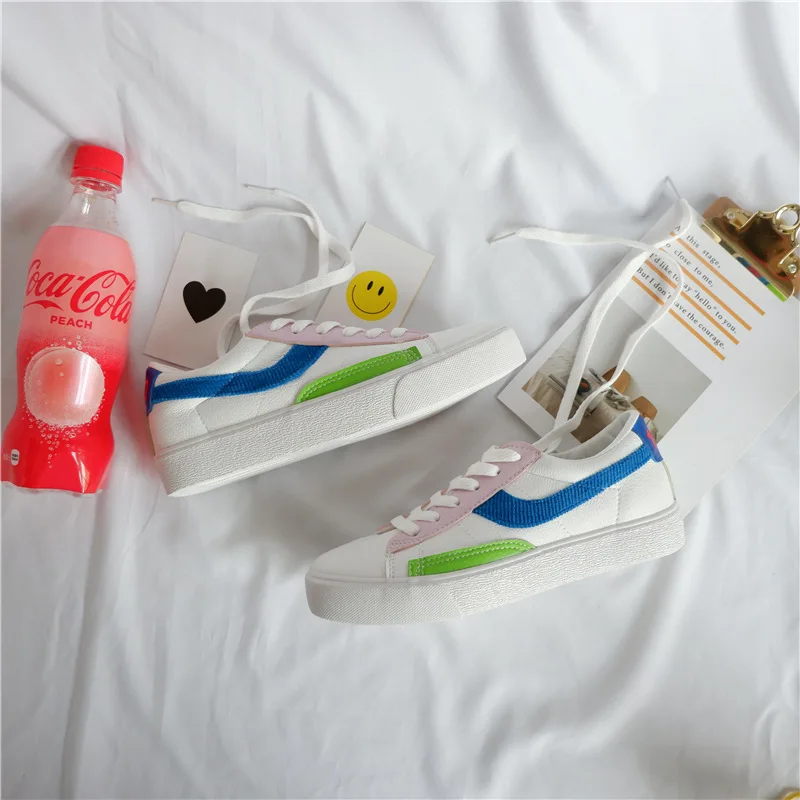 

Women Shoes Leather Waterproof Chic Sneakers Woman Trainers White Candy Color Lace Up 2019 Fashion Trends Good Quality 35-40