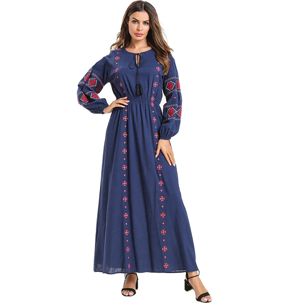 Для женщин Абая для мусульман, Дубай Турция бинты Макси платье вышивка кафтан турецкий IslamicClothing Бангладеш халат 7507