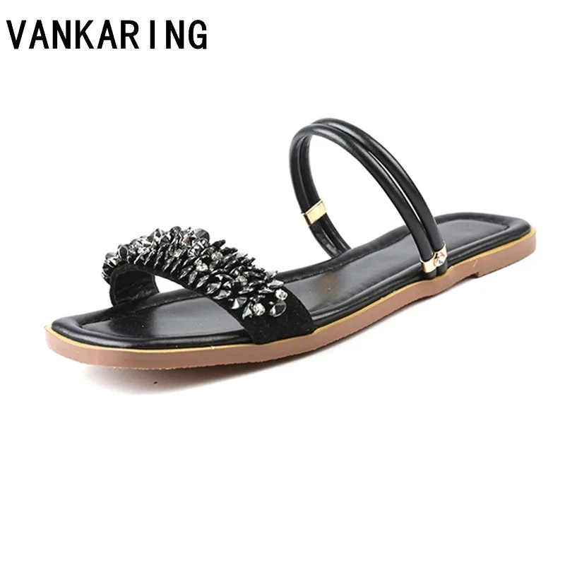 

Hot fashion woman flip flops summer shoes cool beach rivets beading flat sandals brand dress black shoes sandals women plus size