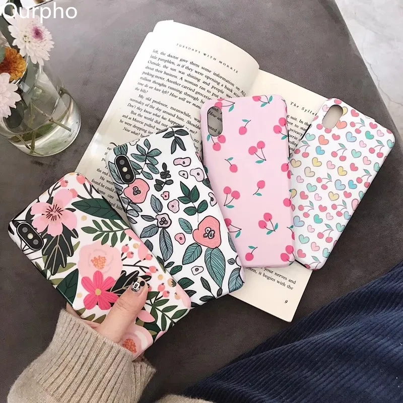 

Ourpho IMD Scrub Half Pack Soft Phone Case for iphone 6 6s 7 8plus Vintage Flower Shell for iphone X XR XS MAX Case
