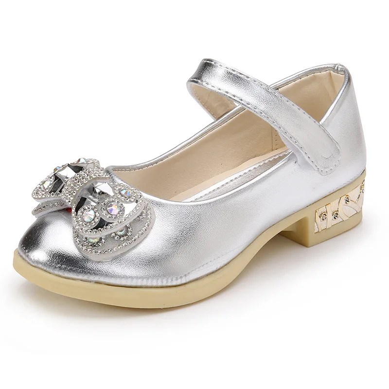 JGSHOWKITO/обувь из мягкой искусственной кожи для девочек детская обувь на высоком каблуке для девочек обувь принцессы с блестящими стразами и бантом для выступлений, Новинка - Цвет: Серебристый
