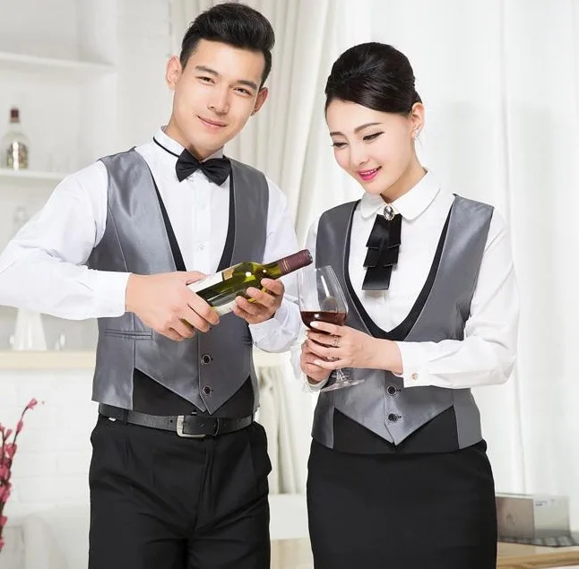 

(20 Pcs/lot) wholesale black vest uniforms sliver vests suit bartender work clothing club wear for waiter and waitress