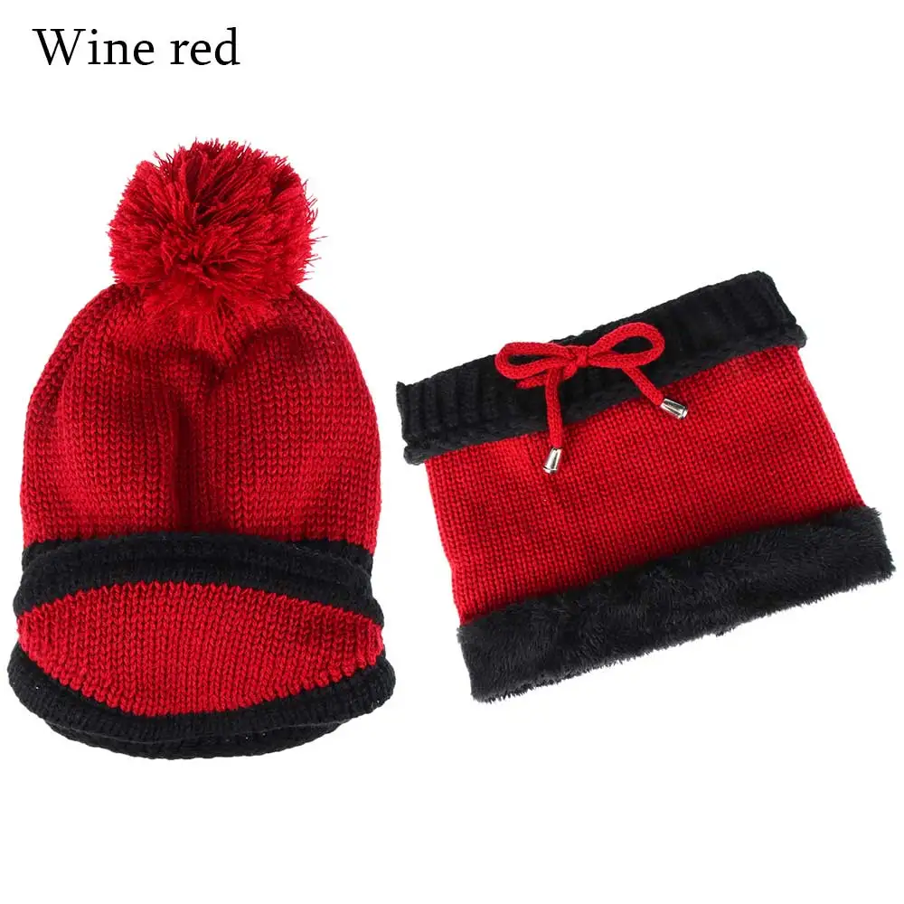 Комплект из 2 предметов, зимний шарф, шапка, набор для женщин, помпоны, вязаные утепленные шарфы-снуды, теплая маска, модная шапка бини, комплект для мужчин, для катания на лыжах - Цвет: Style1-Wine Red