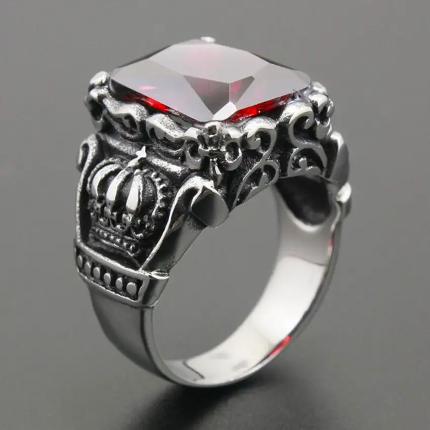 

Huge Red CZ Stone 316L Stainless Steel Crown Mens Biker Rocker Punk Ring Cubic Zirconia Ring 6L001