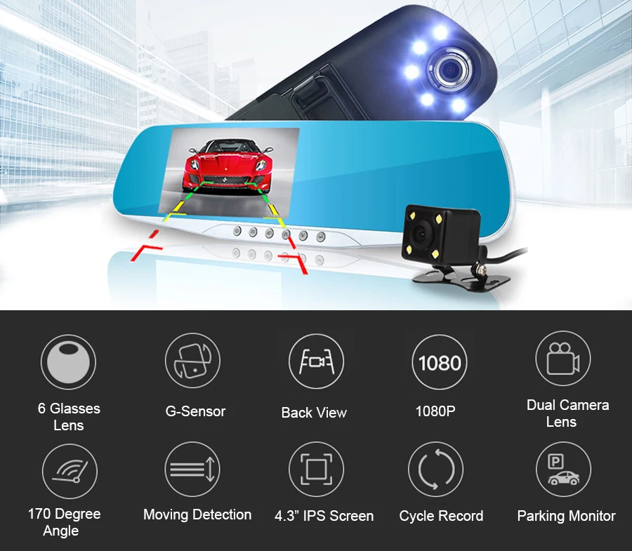 4 3 дюймовый видеорегистратор Dashcam Full HD 1080P 170 градусов с двумя объективами g