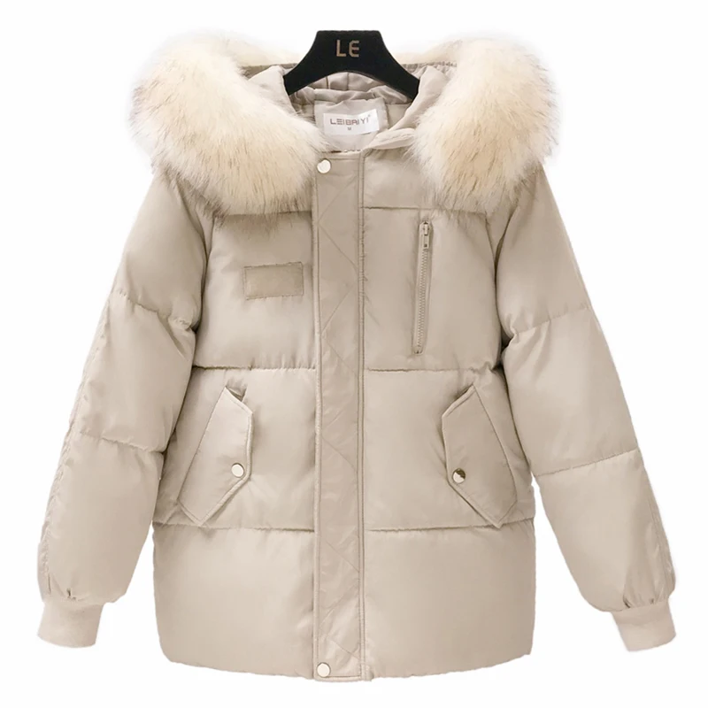 

2019 New Arrival Fashion Big Fur Hooded Down Cotton Padded Warm Thicken Ladies Coat Black Beige Short Coats Parka Womens Jackets