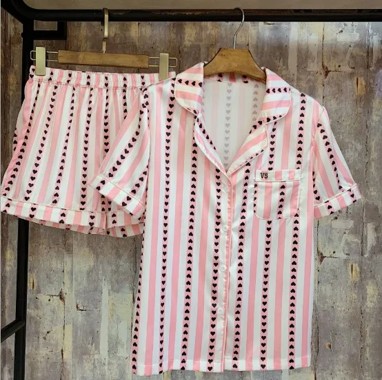 

New Lady Lapel Striped Love Printed Short Sleeve Pajama Suit Women Summer Home Wear Two Piece Shorts Set Silk Sleepwear Pyjamas
