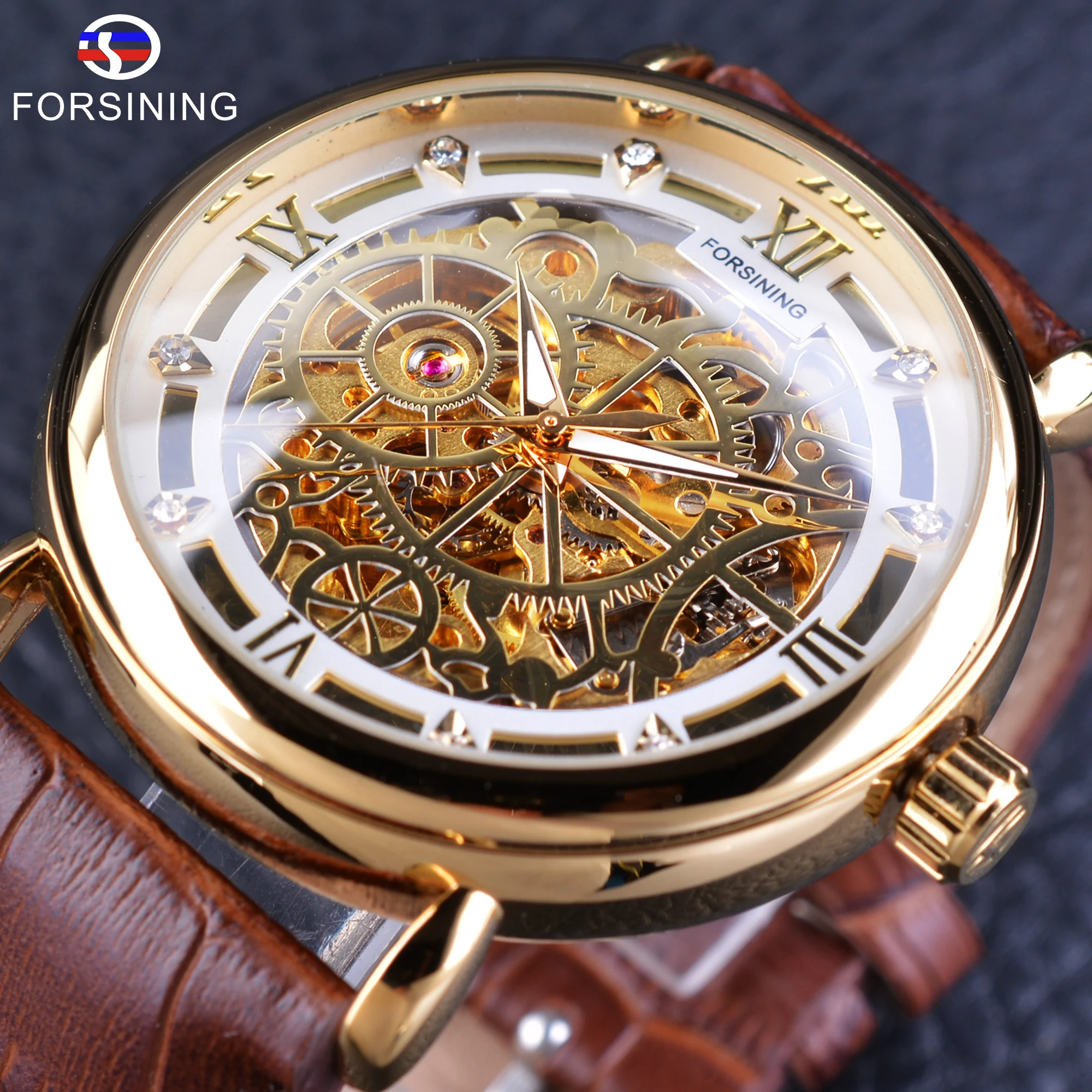 Forsining font b Men s b font Automatic Self Wind Watch Golden Skeleton Wristwatch with Brown