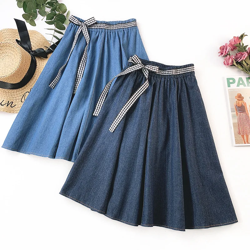 

Woman Denim A-line Skirts Sash Waisted Ladies Blue Skirts for Woman Solid Sweet Girl Casual Skirt Summer