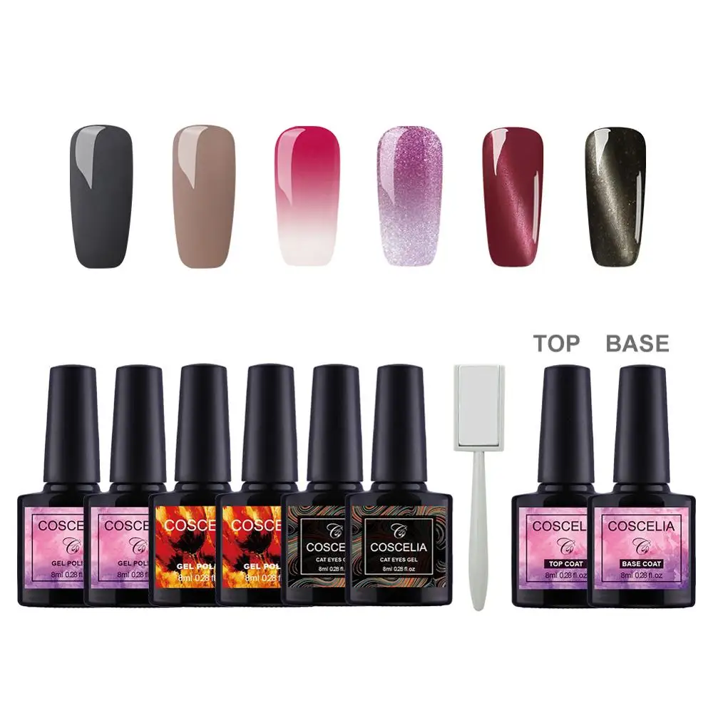 

COSCELIA 9pc Gel Varnish Nail Polish Set Magnetic Cat Eye Soak Off Gel Nail Polish Temperature Change Pedicure Manicure Nail Art