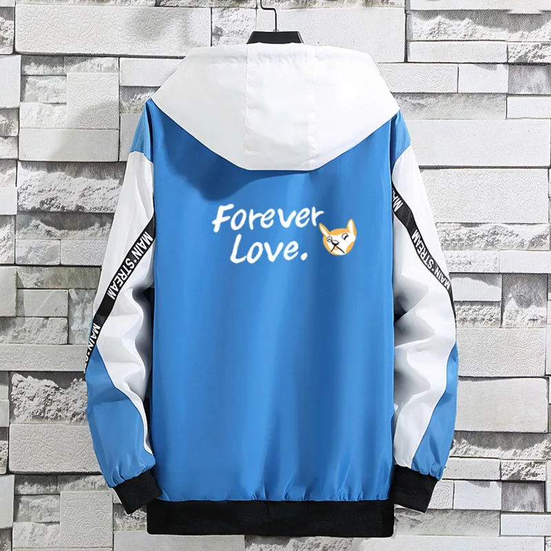 

2019 Autumn Spring Men Jacket Fashion Hooded Forever Love Printed Windbreaker Men Casual Contrast Color Zipper Jackets Outerwear