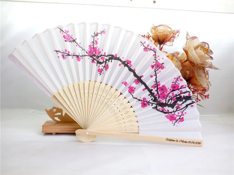 

100pcs/lot Personalized printed name and date Rose Design Hand Folding Fan Elegant Plum Silk Fan Wedding/Party Gifts