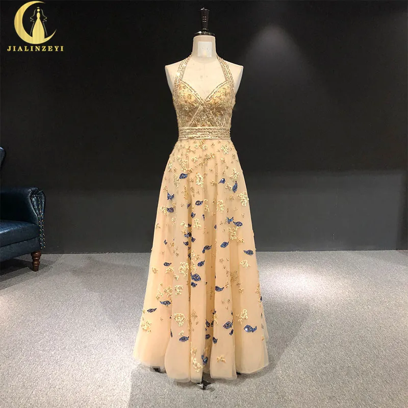 JIALINZEYI Rhine real Pictures Champagne with Beads cryrtsal Halter Elie saab Formal dress prom dresses evening dresses JIALINZEYI Rhine real Pictures Champagne with Beads cryrtsal Halter Elie saab Formal dress prom dresses evening dresses