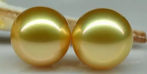 

AAA 10-11 mm natural round genuine south sea gold pearl earrings 14 K gold