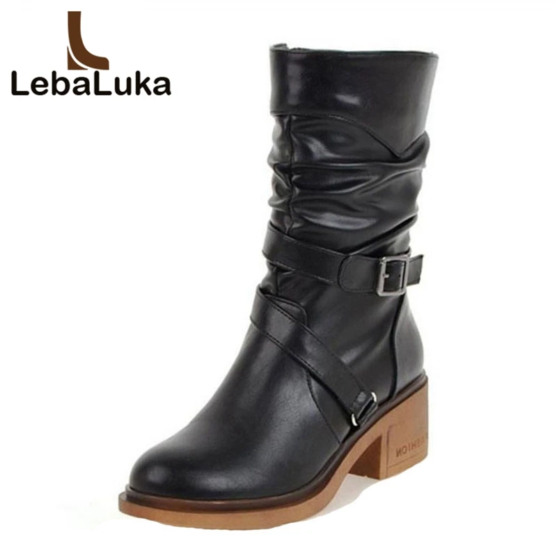 

Tuyoki Women Winter High Heels Boots With Strap And Buckle Warm Fur Shoes Woman Fashion Round Toe Mid Calf Boots Size 33-43