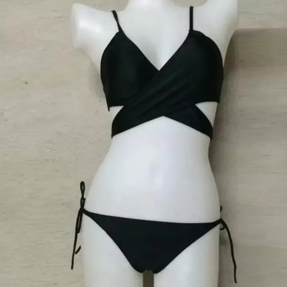 Black Cross Criss Wrap Bikini Bathing Suits 2