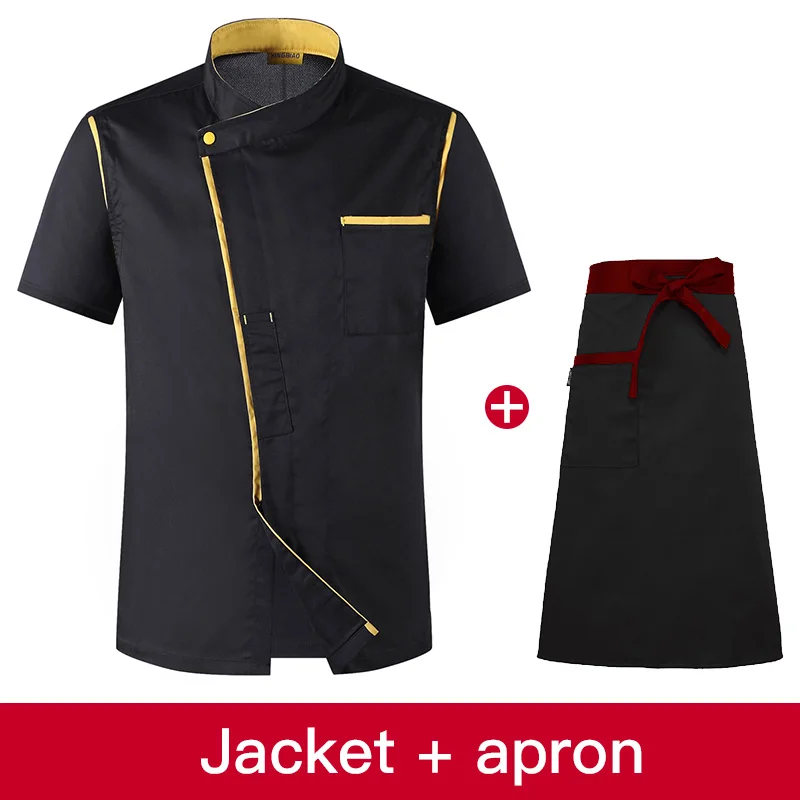 Унисекс, униформа для кухни, шеф-повара, ресторана, рубашка с коротким рукавом, дышащее, двубортное платье, куртка шеф-повара, шеф-повара, черный цвет - Цвет: jacket apron