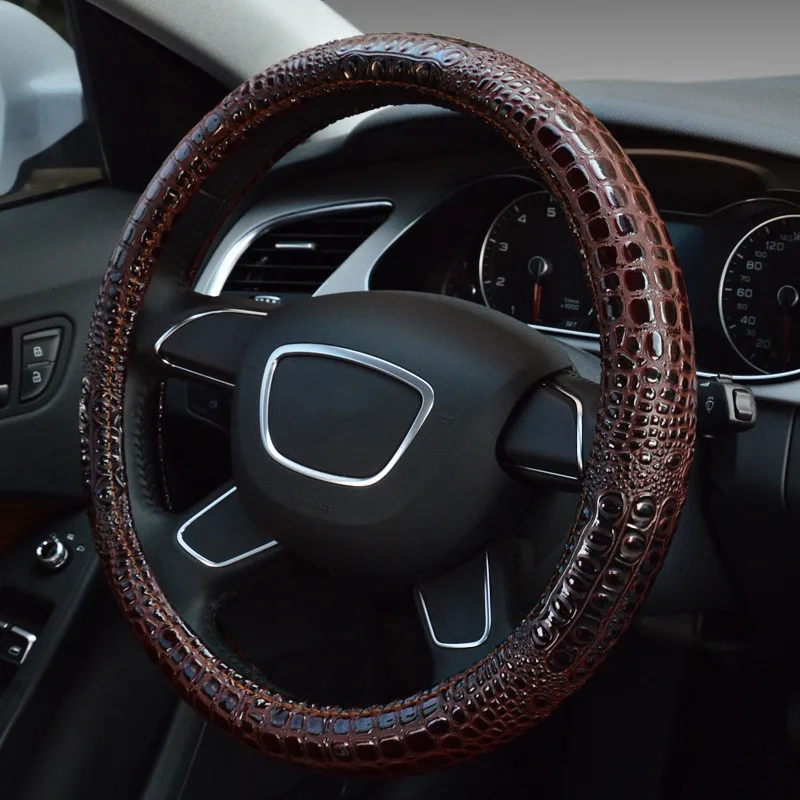 Crocodile Pattern Leather Car Steering Wheel Cover Case 38cm Unviersal Steering Cover for Audi BMW Hyundai Ford Volkswagan Crocodile Pattern Leather Car Steering Wheel Cover Case 38cm Unviersal Steering Cover for Audi BMW Hyundai Ford Volkswagan