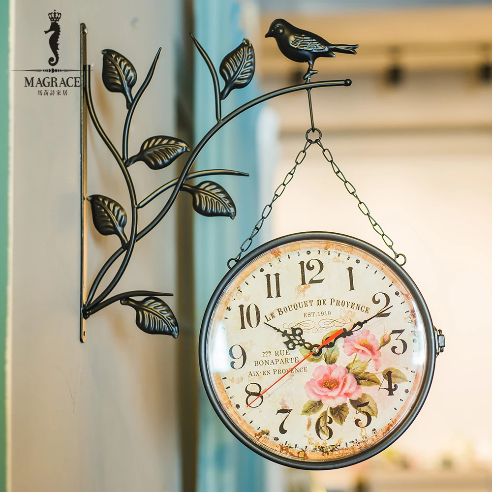 Magrace European Wrought Iron Black Garden Bird Double Faces Side Wall Clock Watch Rotated