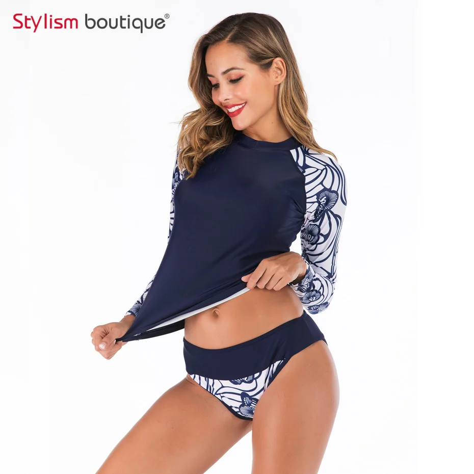 New Rashguard Padded Long Sleeve Swimsuit Surfing Rash Guard Women Two Piece Swimwear Separate Tankini Sport Bathing Suit