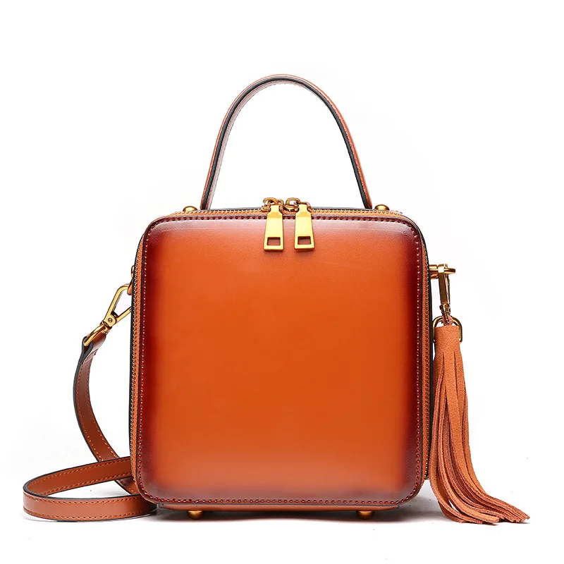 

2019 Spring Rerto Caramel Edge Box Shape Flap Bag Small Handbag for Women Genuine Leather Shoulder Messenger Bag Tassel