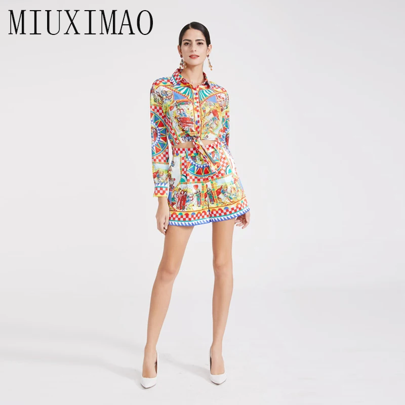 

2019 Latest Europe Spring Fashion Suit Sets 2 Piece Full Sleeve Slim Tassels Top + Above Short Skirt Geometric jumpsuit