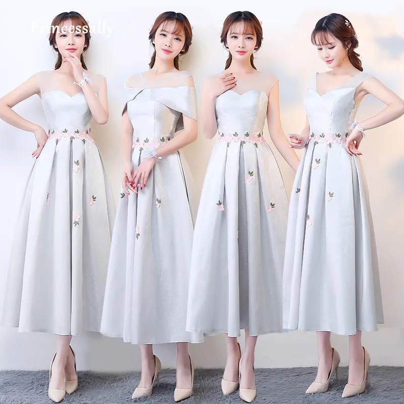 Vestido De Festa серое платье подружки невесты длиной до колена с розовой аппликацией