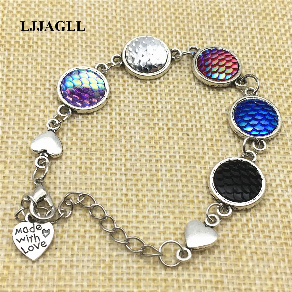 

1 set(2pcs)Girl Gifts Creative Color Change Adjustable Bracelets Set Round Fish Scale Cameo lobster clasp Link Bracelet ASL025