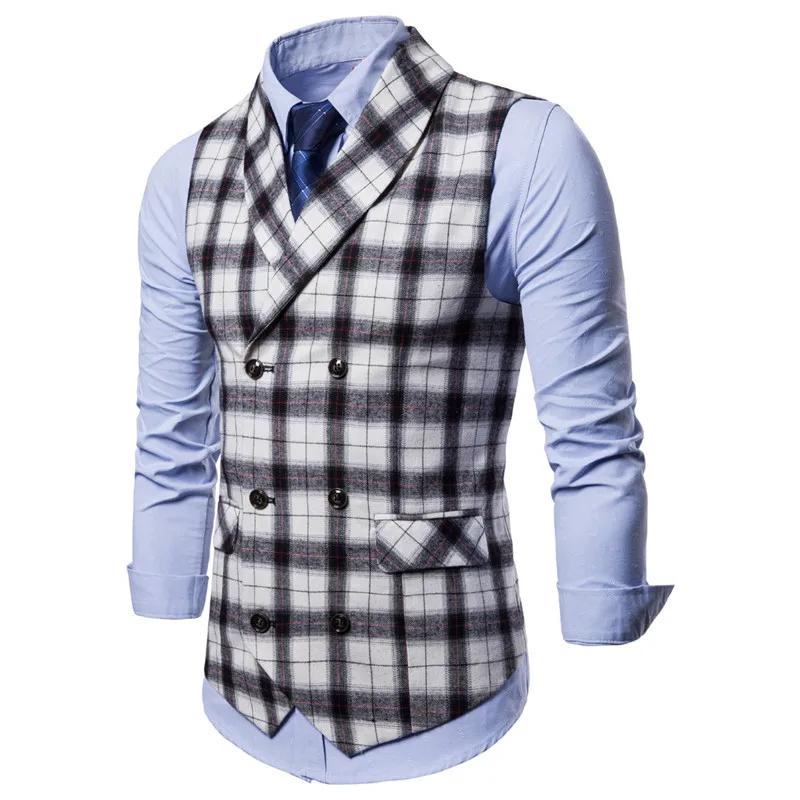 Riinr 2018 New Brand Men Double Breasted Wedding Suit Waistcoat Vests Men Sleeveless Business Overcoats Gary Plaid casual vest